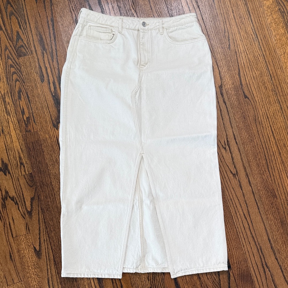 B25 MNG Mango Women XL Cream Maxi Skirt Jean Skort Slit Front Hem
